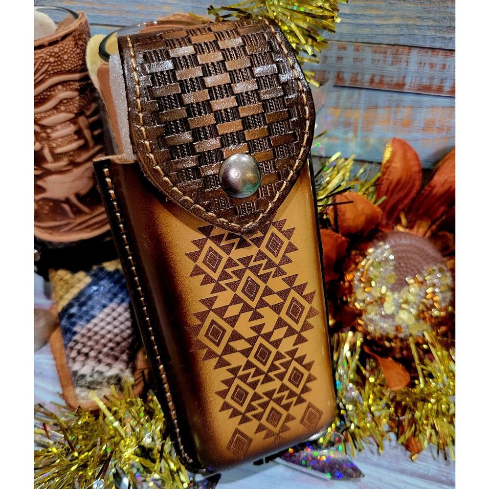 NATIVE AMERICAN GENUINE LEATHER POCKET KNIFE SHEATH 5.75 " FOLDING BELT LOOP